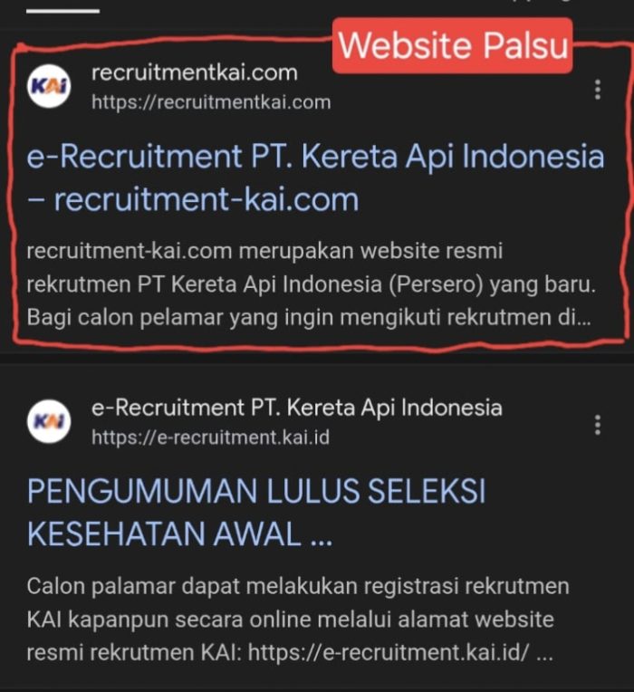 Awas website rekrutmen palsu yang mengatasnamakan PT KAI, kenali ciri-cirinya. Istimewa